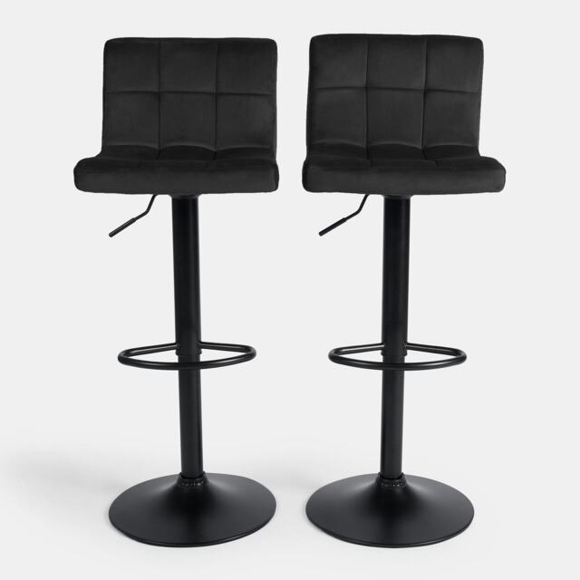 OHS 2 x Velvet Swivel Height Adjustable Counter Bar Stools - Black