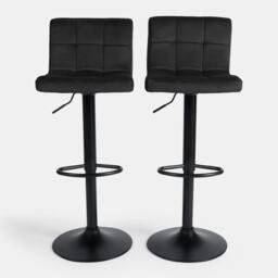 OHS 2 x Velvet Swivel Height Adjustable Counter Bar Stools - Black