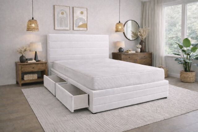 Divan Bed Set Headboard and Footboard with Mattress 5ft Kingsize White Suede Storage 4 Drawers