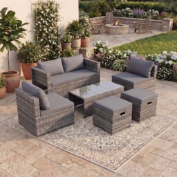 Garden Vida Islay 6 Seater Rattan Outdoor BBQ Patio Set with 2 Seater Sofa, 2x Chairs, 2x Stools, Glass Top Coffee Table - Grey