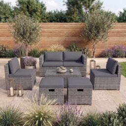 Garden Vida Islay 6 Seater Rattan Outdoor Garden Furniture Set 2 Seater Sofa 2 Chairs Glass Top Table 2 Stools Events - Grey