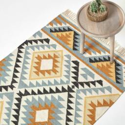 Homescapes Agra Handwoven Diamond Kilim Wool Rug - 160 x 230 cm Multi Yellow, gold, grey, black and white