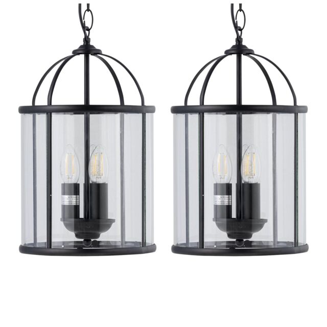 Set of 2 Alicia - Black 3 Light Lantern Style Pendants Black Clear 2