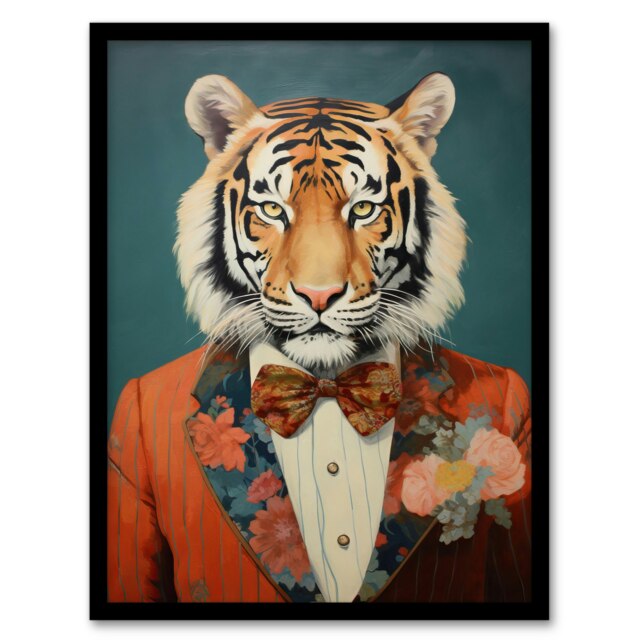 Tuxedo Fun Animal Portrait Tiger Home Decor Black Framed Wall Art Print A4