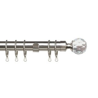 35mm Fixed Length Metal Curtain Pole Set Satin Silver Acrylic Ball Finial 230cm Silver Silver