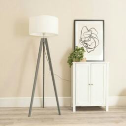 ValueLights Jackson Grey Wood Tripod Floor Lamp with White Fabric Lamp Shade