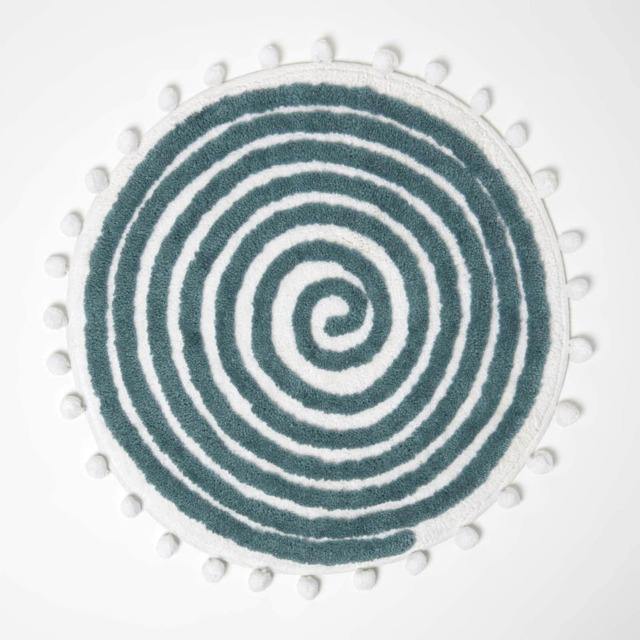 Homescapes Spiral Teal Cotton Bath Mat with Pom Pom Edges Blue