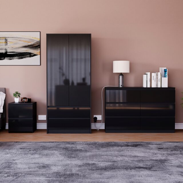 Vida Designs Glinton 4 Piece FSC Certified Bedroom Set (2 Drawer Bedside Chest x2, 6 Drawer Chest, 2 Door 2 Drawer Wardrobe), Black Black Black L 4