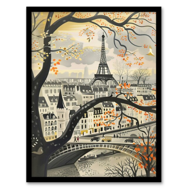 Vintage Autumn Paris Cityscape Eiffel Tower Black Framed Wall Art Print A4
