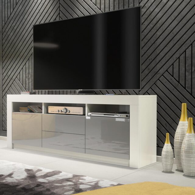 TV Unit TV Stand Media Cabinet Sideboard Grey High Gloss Doors Storage 160cm