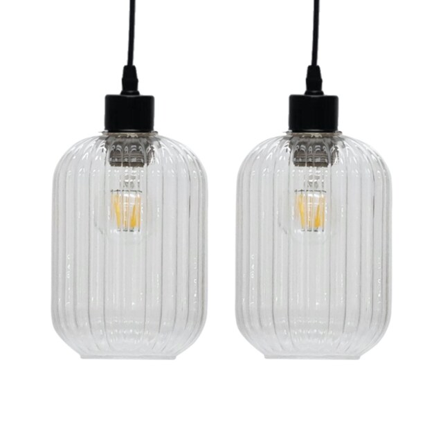 Set of 2 Batley - Clear Ribbed Glass Easy Fit Pendant Shades Clear Small 2