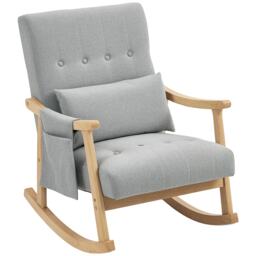 HOMCOM Rocking Chair, Upholstered Accent Armchair with Lumbar Pillow, Side Pocket & Solid Wood Legs, Modern High Back Leisure Rocker Lounge Chair for Nursery, Living Room, Bedroom, Light Grey Grey