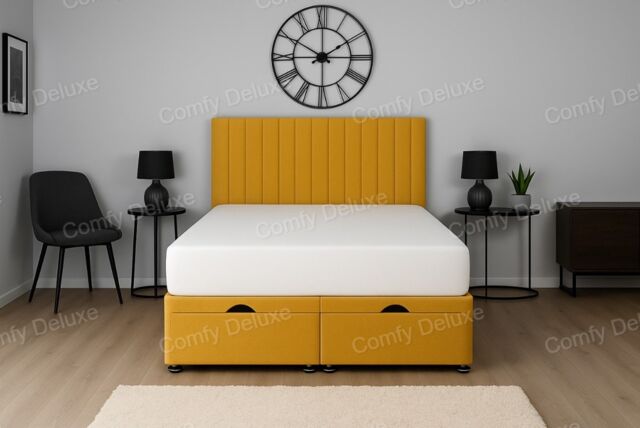 Ottoman Lift Up Mustard Apollo Plush Velvet Small Double 4ft Bed Set With Headboard and Mattress
