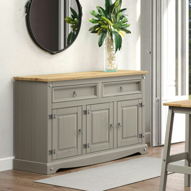 Corona Premium Medium Sideboard - 2 Wide Drawers and 3 Doors with Adjustable Shelf in Antique, Grey or White Wax Grey Grey One Size 1