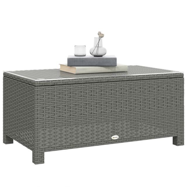 Outsunny Garden Rattan Side Table, Wicker Coffee Desk, Glass Top, Light Grey Grey Light Grey