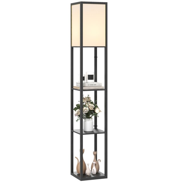 HOMCOM Floor Lamp with 3-Tier Storage Shelf for Home Office, Black Black Black