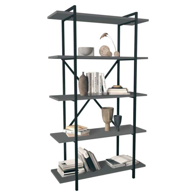 5-Tier Wooden Bookshelf With Metal Frame Living Room Storage & Display Unit Black Anthracite