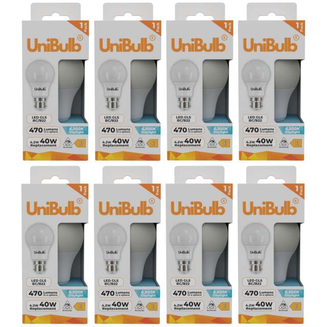 UniBulb LED GLS B22 Bayonet Cap (BC) 470lm 4.2W (Replaces 40W) 6500K (Daylight) Light Bulb - Pack of 8
