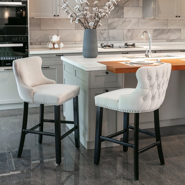Set of 2 Velvet Upholstered Bar Stools with Wood Legs
