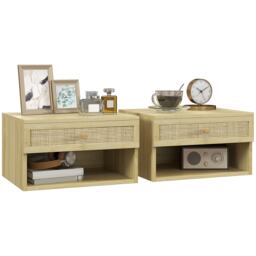 HOMCOM Floating Bedside Tables, Nordic Nightstands Set of 2 with Rattan Drawer and Open Shelf for Bedroom, Nature Wood Finish