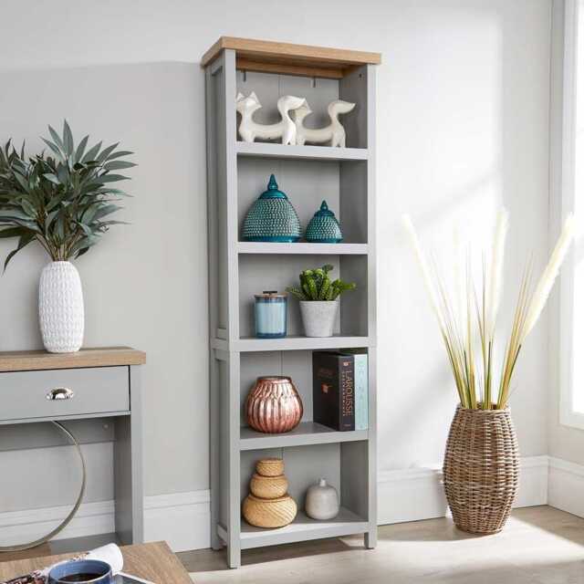 Grey Oak Tall Bookcase Display Unit 5 Bookshelves DVD Storage Two Tone