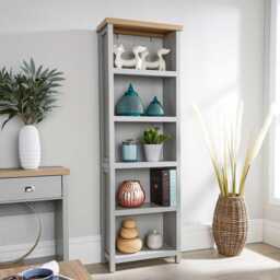 Grey Oak Tall Bookcase Display Unit 5 Bookshelves DVD Storage Two Tone