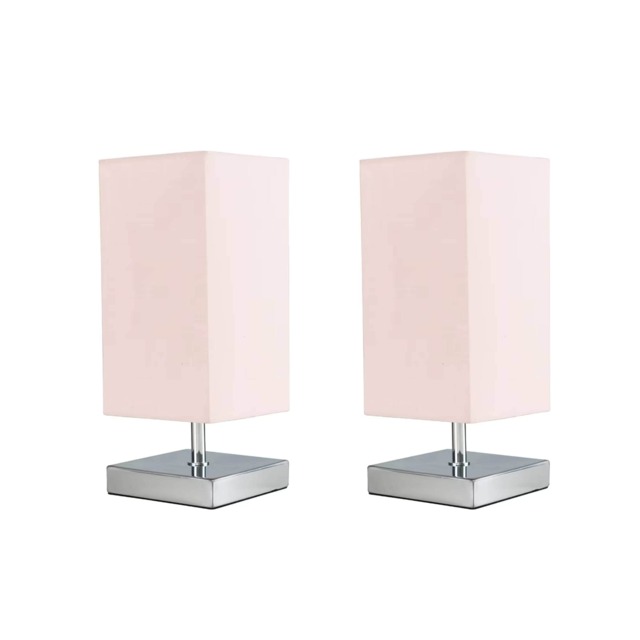 ValueLights Yuko Pair Square Chrome Touch Table Lamps Pink Shade and Bulbs