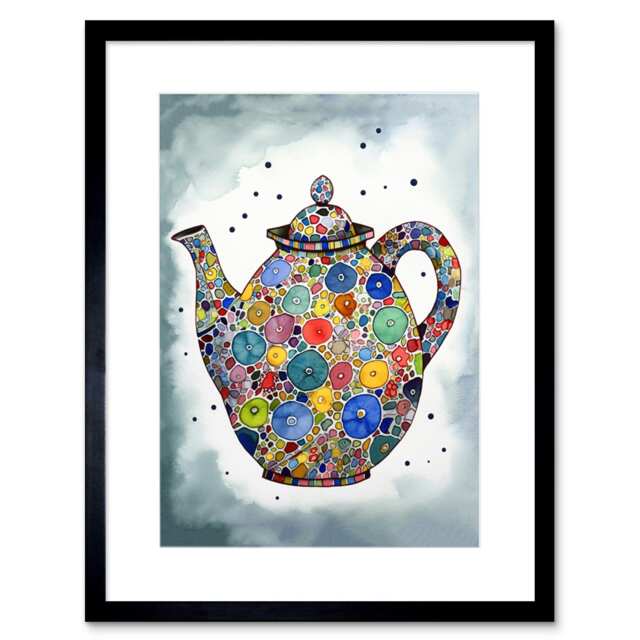 "Colourful Teapot Folk Art Kitchen 9x7"" Black Framed Wall Art Print"
