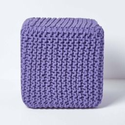 Homescapes Purple Cube Cotton Knitted Pouffe Footstool Purple 35 x 35 x 35 cm