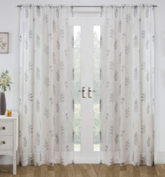 "Bracken Grey Leaf Print Linen-Look Voile Panel - Pair 140 x 183 cm (55x72"")"