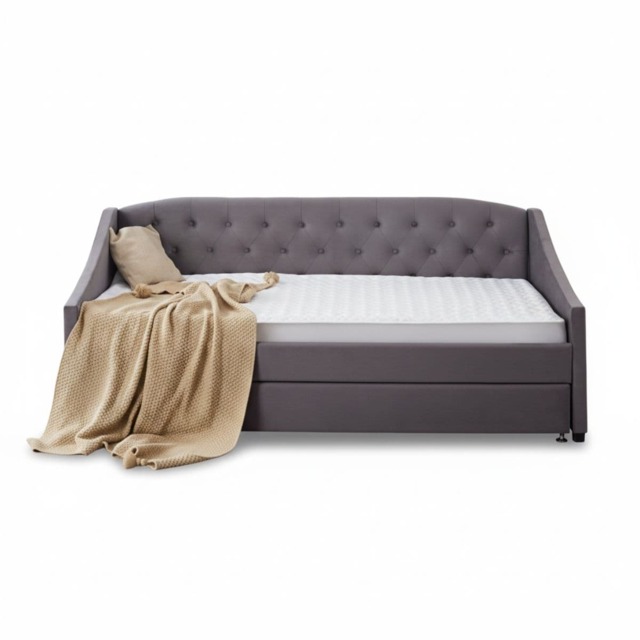Daybed with Trundle Grey 3ft with 2 Mattresses Twin Velvet Tufted Wooden with 2 Mattresses Bedroom Living Room