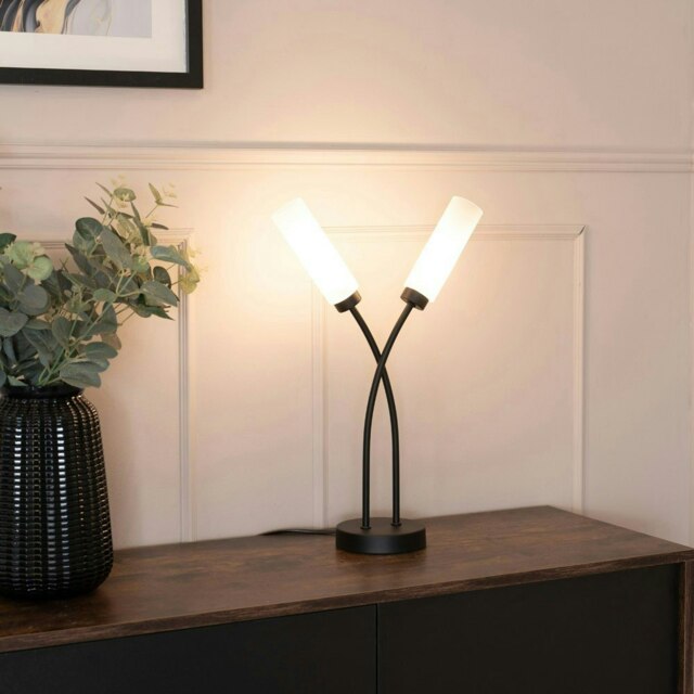 ValueLights Maya Matte Black 2 Way Curved Cross Over Reed Shaded Table Lamp with LED Bulbs Black