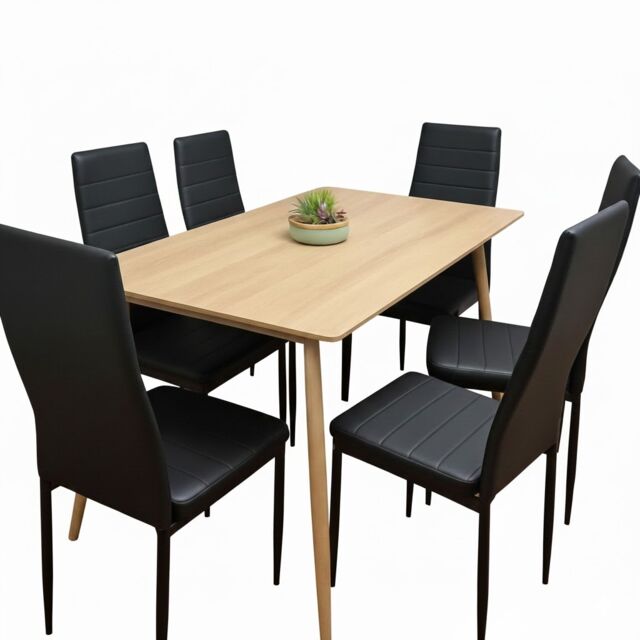 Wood Dining Table Set with 6 Black Faux Leather Chairs Dining Kitchen Furniture Set