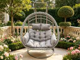 Fimous Rattan Hammock Garden Two Seater Hanging Egg Chair Indoor Outdoor Patio Furniture with Grey Cushion
