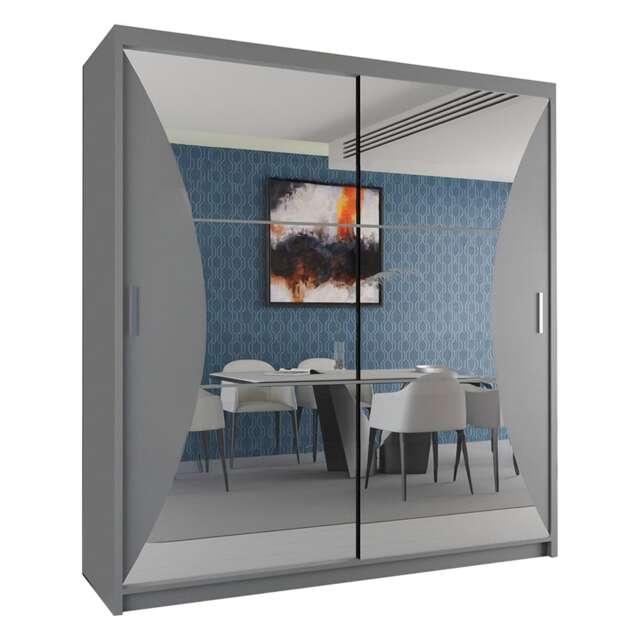 Sliding Wardrobes 4U Sleek Curved Mirror Sliding Wardrobe with Soft Silver Handles – 150cm & 203cm, White, Black, Grey Grey 150cm