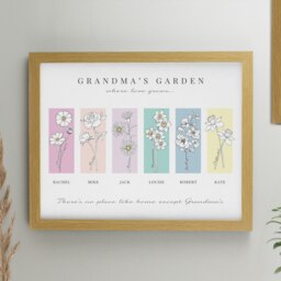 Personalised Birth Flower Family of 6 Oak Framed Print Brown One Size