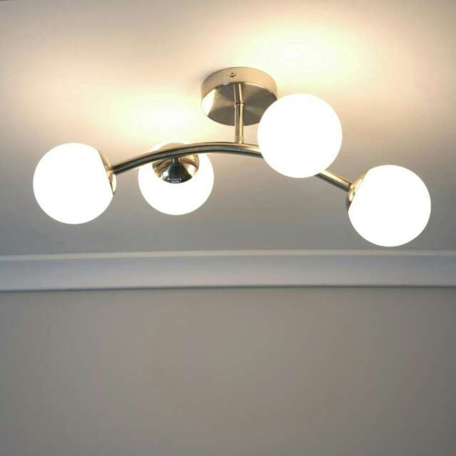 ValueLights Jas Brushed Chrome 4 Way Ceiling Light with Opal White Frosted Glass Globe Shades and LED Bulbs Silver