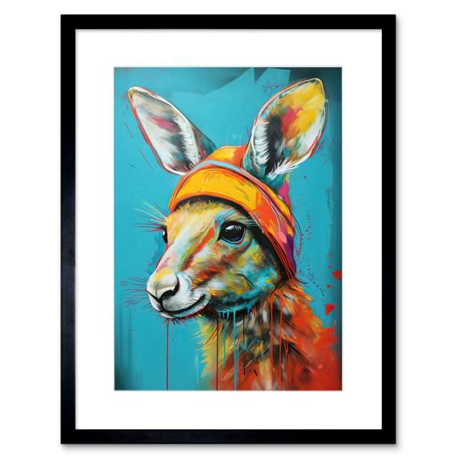 "Baby Kangaroo Joey Wearing Hat Teal Orange 9x7"" Black Framed Wall Art Print"
