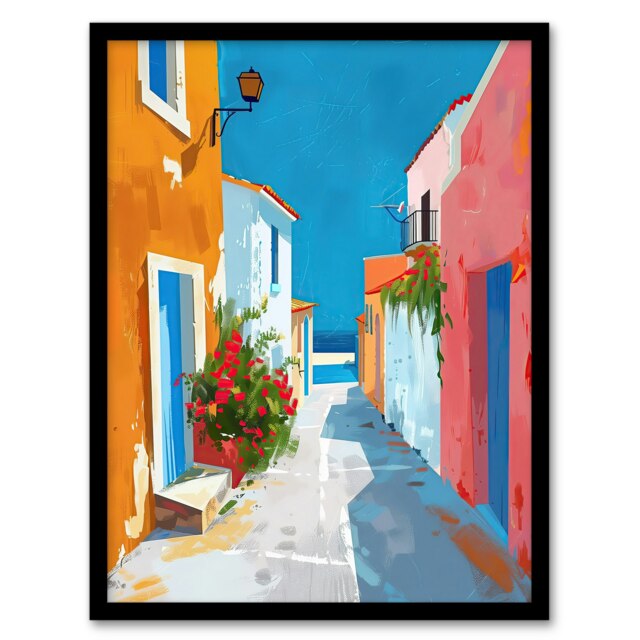 Greek Coastal Village Street Calm Sunny Black Framed Wall Art Print A4
