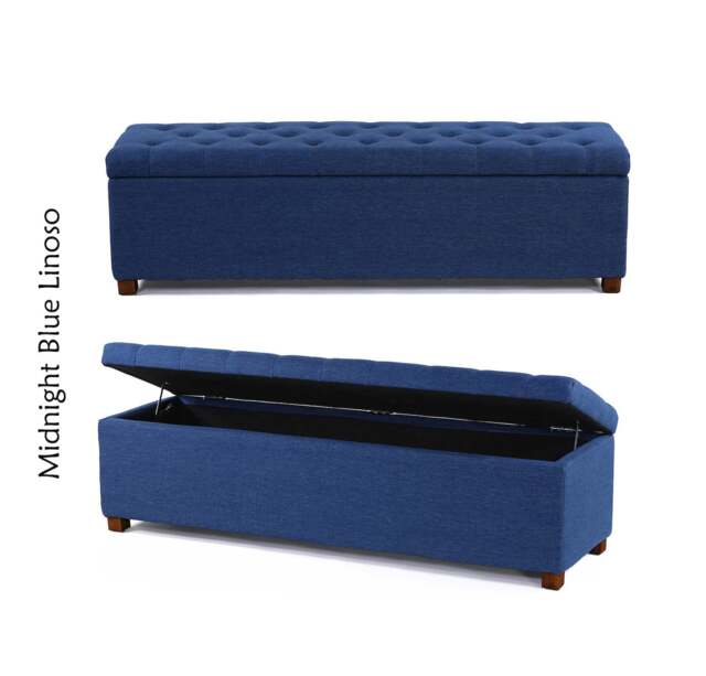 Linoso Chesterfield Midnight Blue Ottoman Storage Box with Square Wooden Legs - Upholstered Blanket Box (90W x 40D x 45H cm)