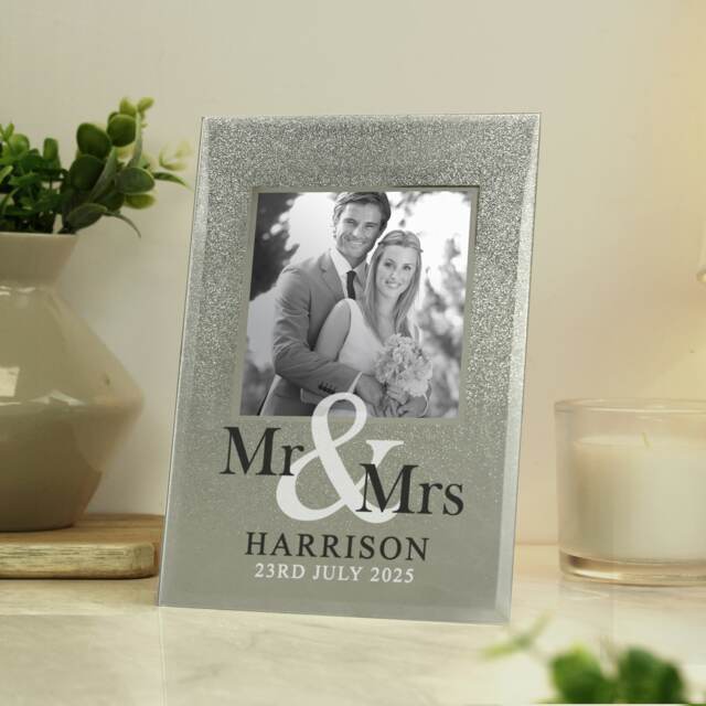 Personalised Mr & Mrs 4x4 Glitter Glass Photo Frame Silver One Size