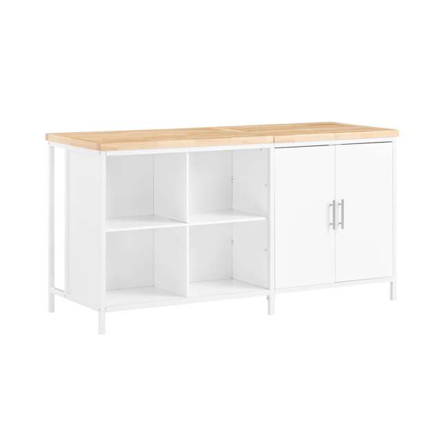 SoBuy Kitchen Island Storage Cupboard with 4 Open Compartments & Cabinet, White/Natural, 66.9x23.6x35.0 in, 56.5 kg - KNL09-WN