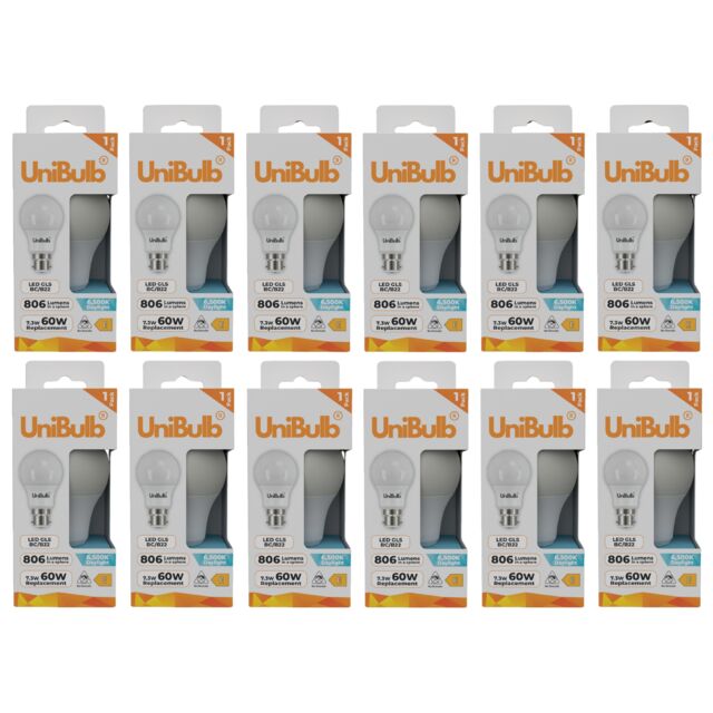 UniBulb LED GLS B22 Bayonet Cap (BC) 806lm 7.3W (Replaces 60W) 6500K (Daylight) Light Bulb - Pack of 12 White Daylight 12