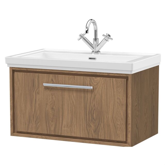 Balterley Longnor 1 Drawer Wall Hung Vanity Unit with 1 Tap Hole Traditional Fireclay Basin, Antique Oak, 800mm