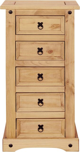 Corona 5 Drawer Narrow Chest of Drawers Tallboy Mexican Solid Pine