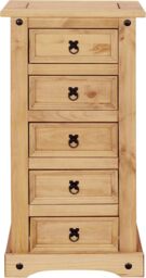 Corona 5 Drawer Narrow Chest of Drawers Tallboy Mexican Solid Pine