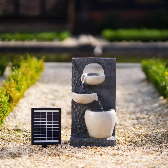 Solar Powered Pouring Bowls Tiered Cascading Water Wall Water Feature With Battery Backup and LED Lights H48cm