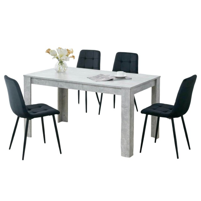 Dining Table with 4 Black Velvet Chairs Stone Grey Effect Wood Table Set for Dining Room Grey 5