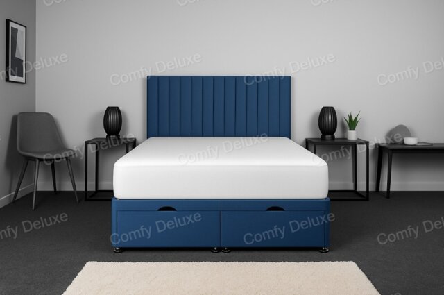 Apollo Blue Plush Velvet Ottoman Divan Foot Lift 4ft Small Double Bed Set Headboard and Mattress