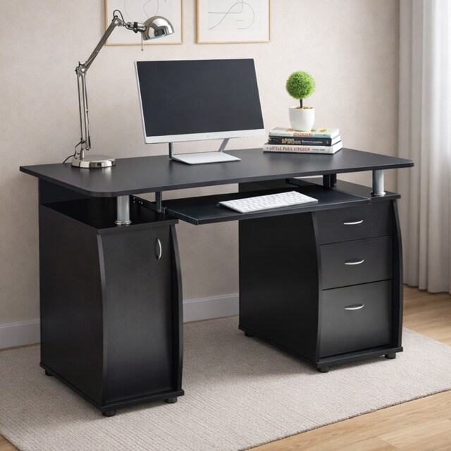 WICKLOW Computer Desk with Cabinet and 3 Drawers - Black Black